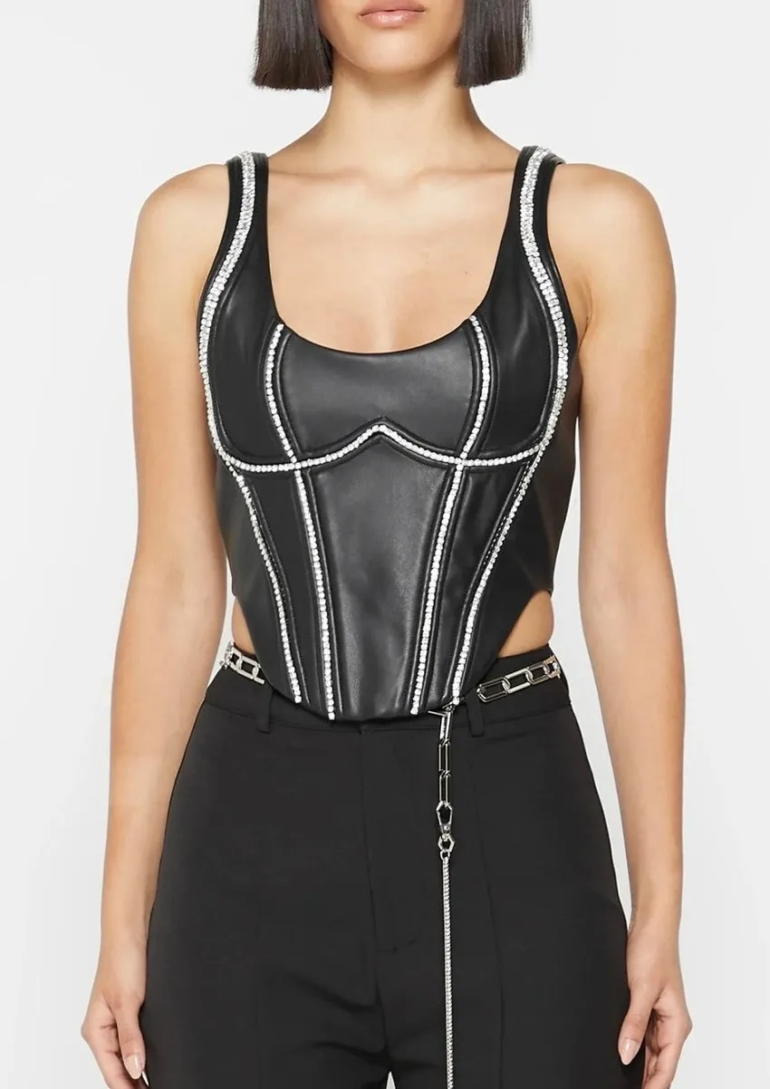 Maniere de Voir Corset Top Black Vegan Leather Rhinestone Embellished size 6 - Image 1