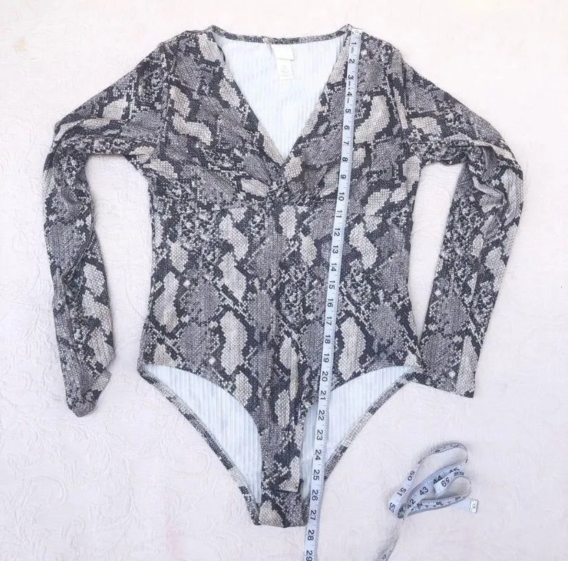 Gray Snakeskin Print One Piece Onesie V-Neck Long Sleeve Bodysuit - Image 7