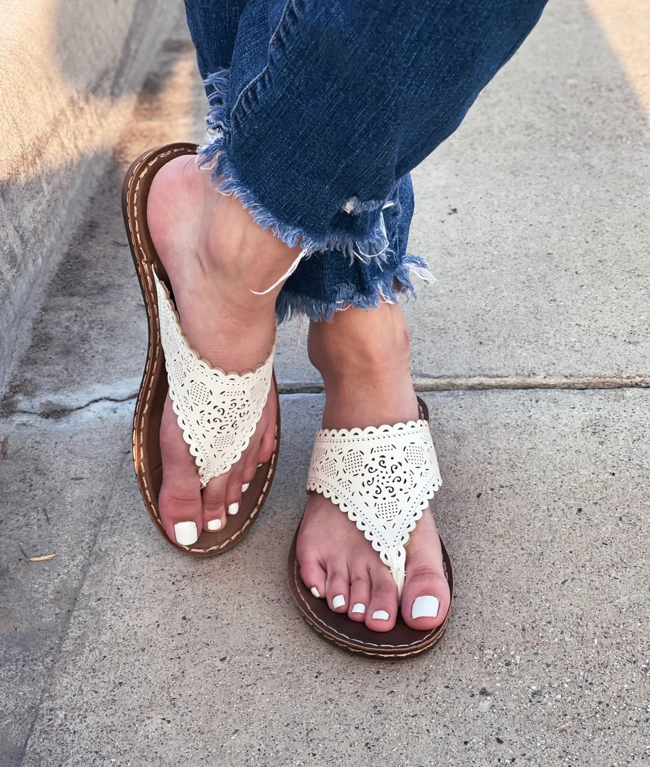 White Vegan Leather Cut Out Laser Wedge Size 7 - Image 3