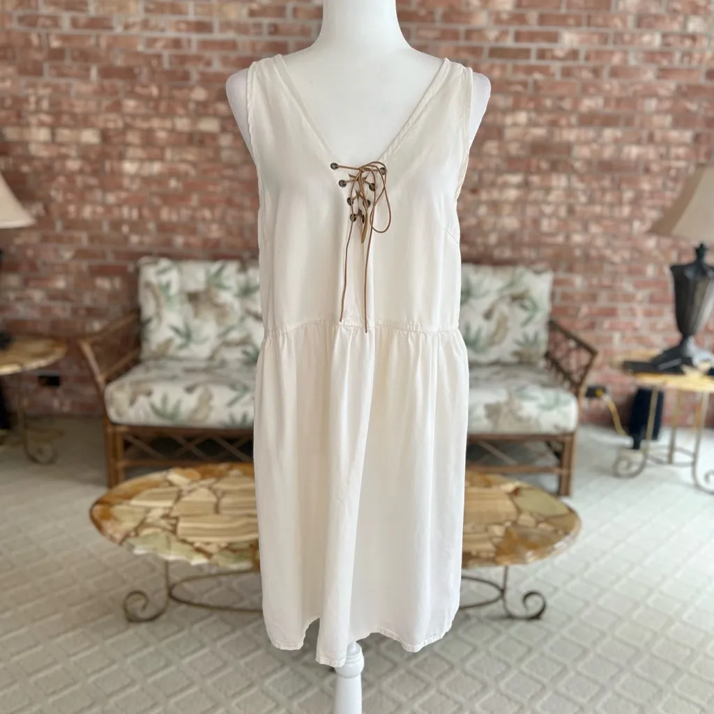 Celebrity Pink Dress Mini Ivory Lace Up Sundress Sleeveless V-Neck M - Image 2