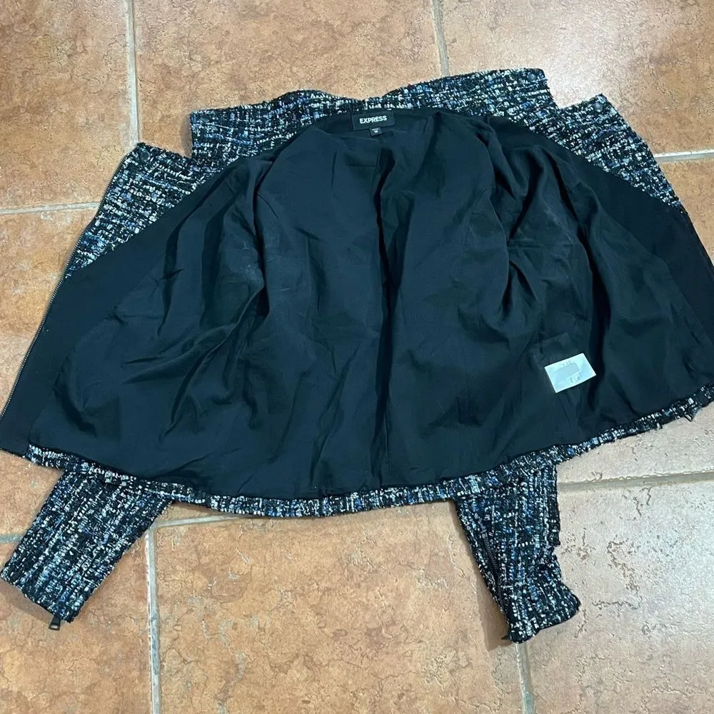 Express Black White Blue Metallic Sparkle Tweed Moto Jacket Coat Size Small - Image 7