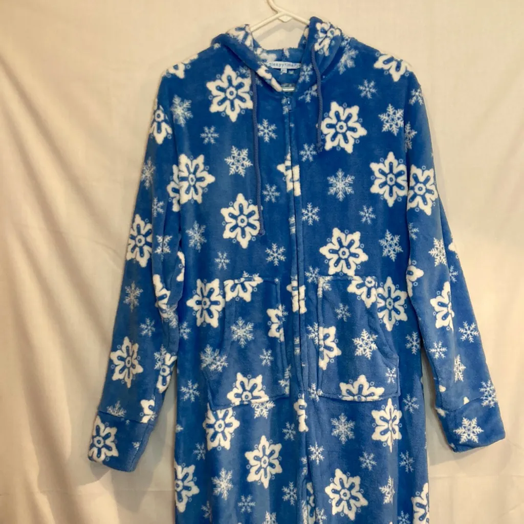 Women's Blue Snowflake Pajama Onesie Size L - Image 2