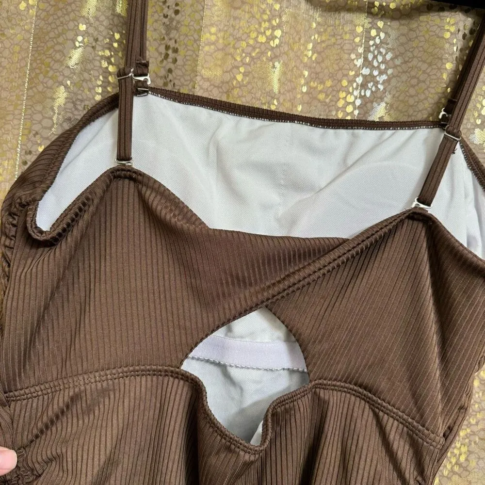 Women's Brown Ribbed One Piece Ruched Side Tie Swimsuit Med NWOT Size L - Image 4