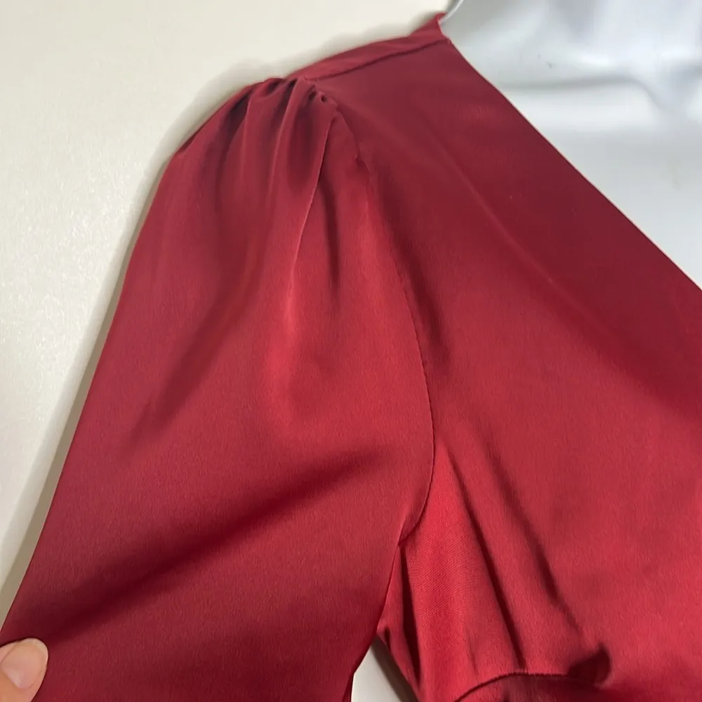 Lulu’s Festive Forever Wine Red Wrap Silky Satin Long Sleeve Short Dress - Image 5