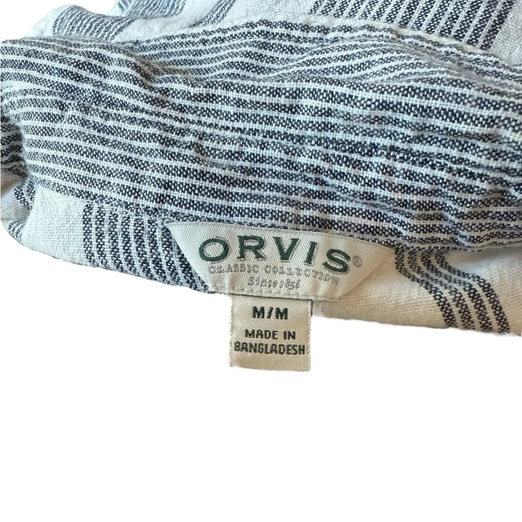 Orvis Linen Black White Striped Coastal Casual Long Sleeve Button Up Shirt Top - Image 4