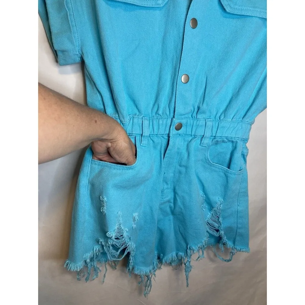 Boutique Idem Aqua Blue Distressed Denim Short Romper S Button Down Pockets New - Image 3