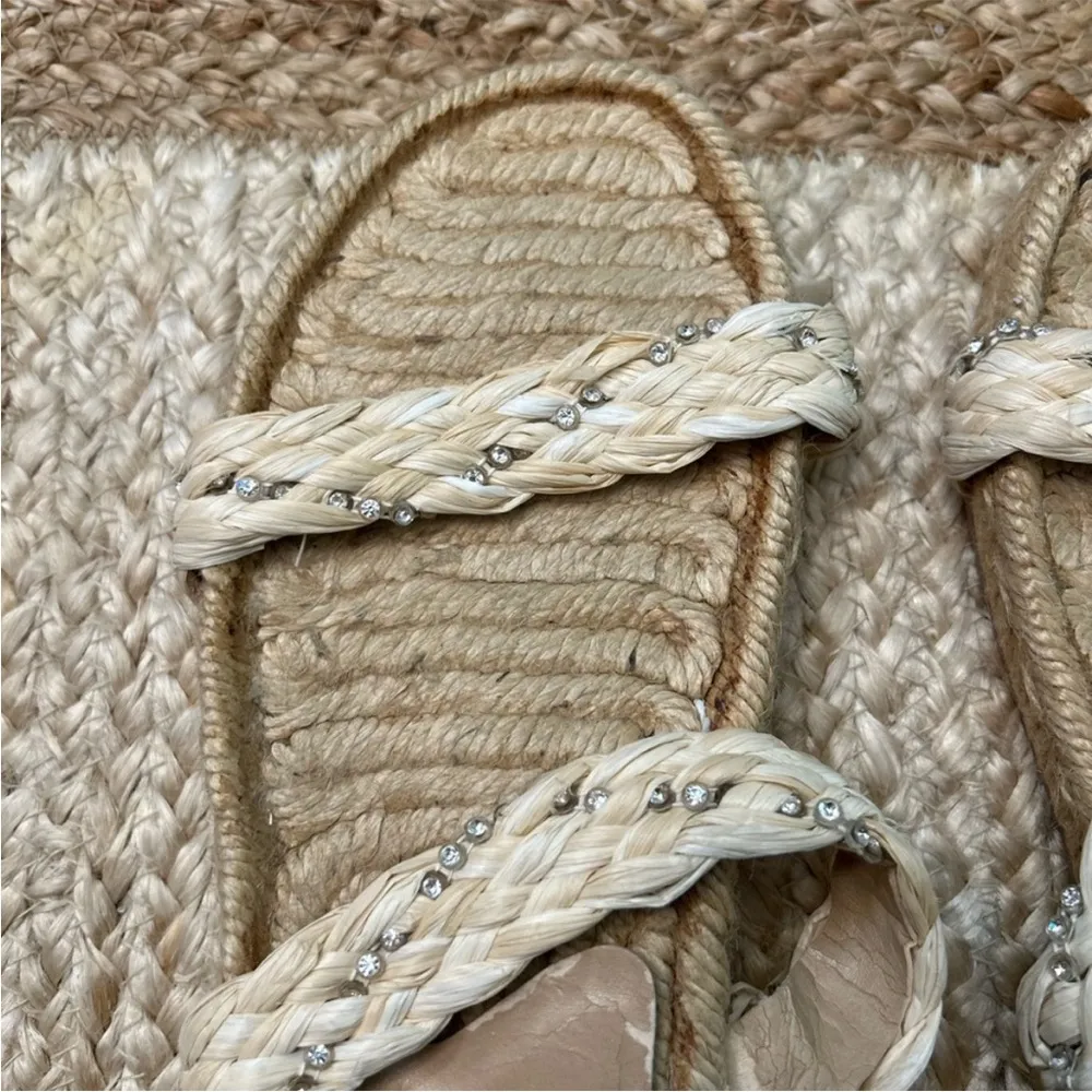 Dr. Scholl’s Straw Rhinestone Flat Woven Made in Italy Sandals Size 9 Tan - Image 3