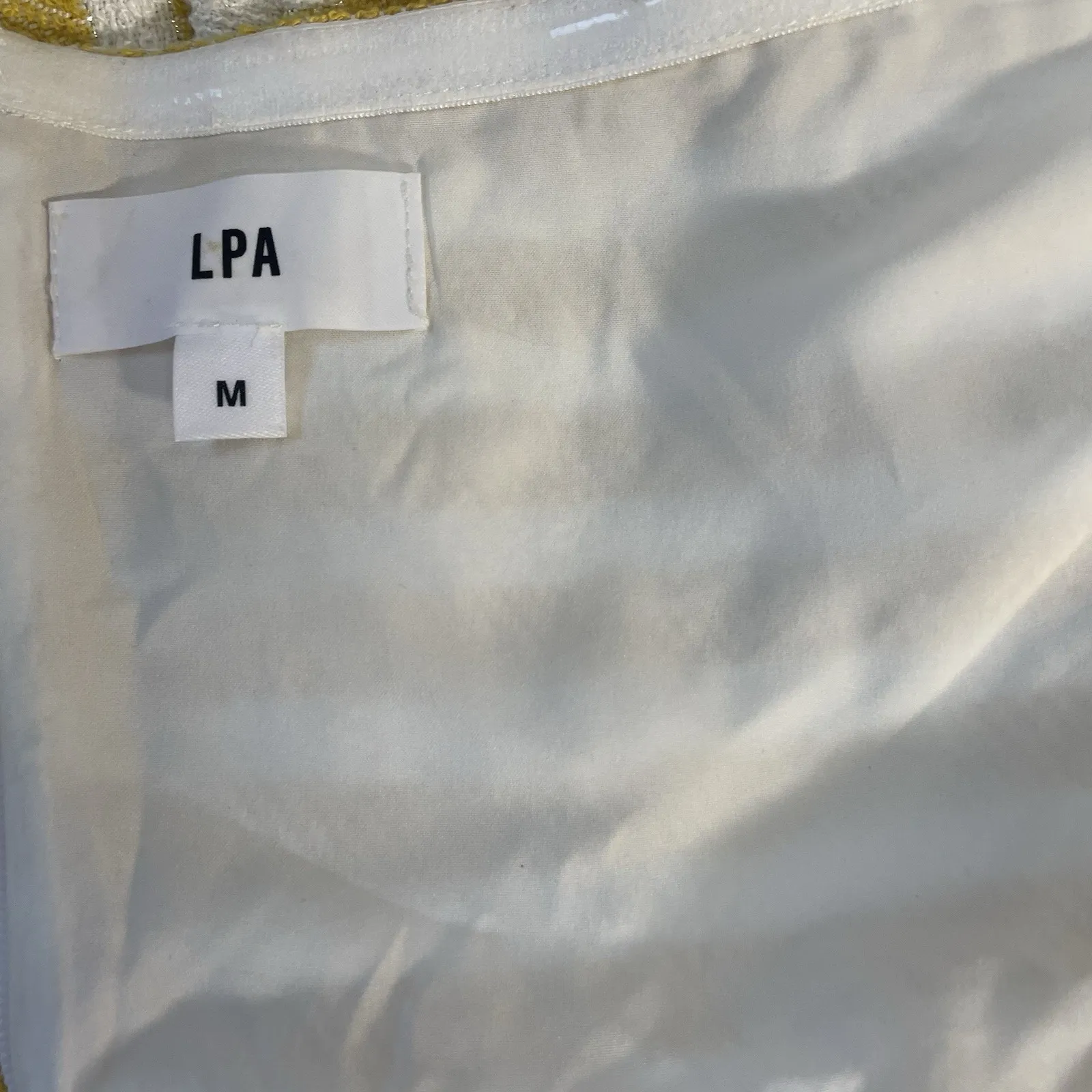 LPA Strapless Bodycon Dress Yellow White Stripe Midi Size Medium Fringe Hem - Image 8