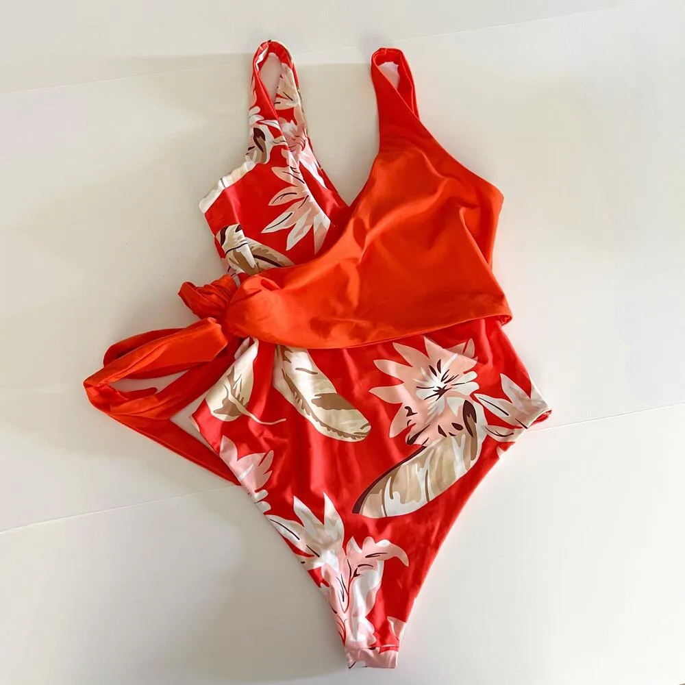 [CHYRII] Orange Red Floral Feather Wrap Front V - Image 3