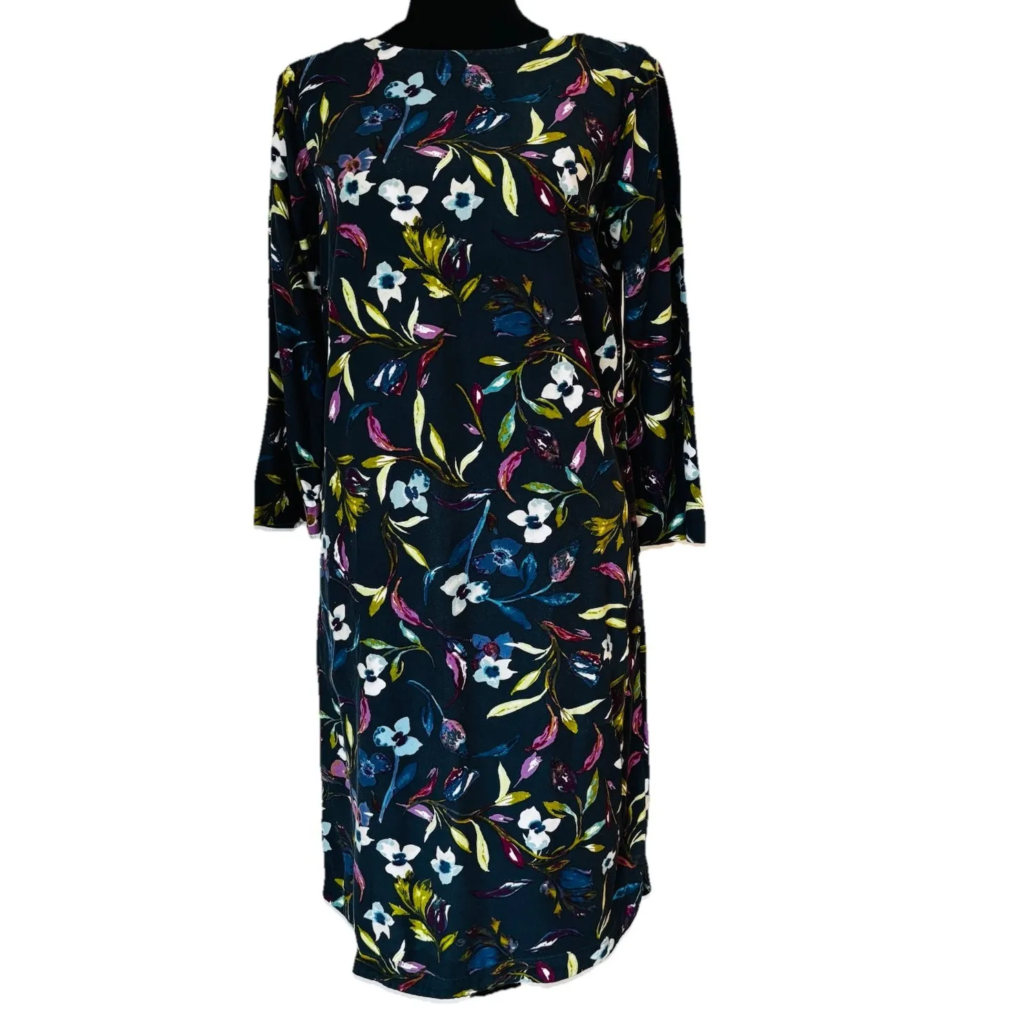 J. Jill Size XS Navy Floral Rayon Shift Dress Long Sleeve Pockets Normal Wear - Image 6