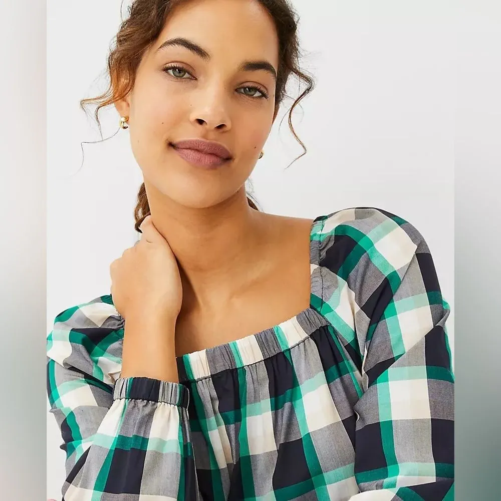 ANN TAYLOR Gingham Plaid Square Neck Peasant Top S Preppy Academia Cottagecore - Image 4