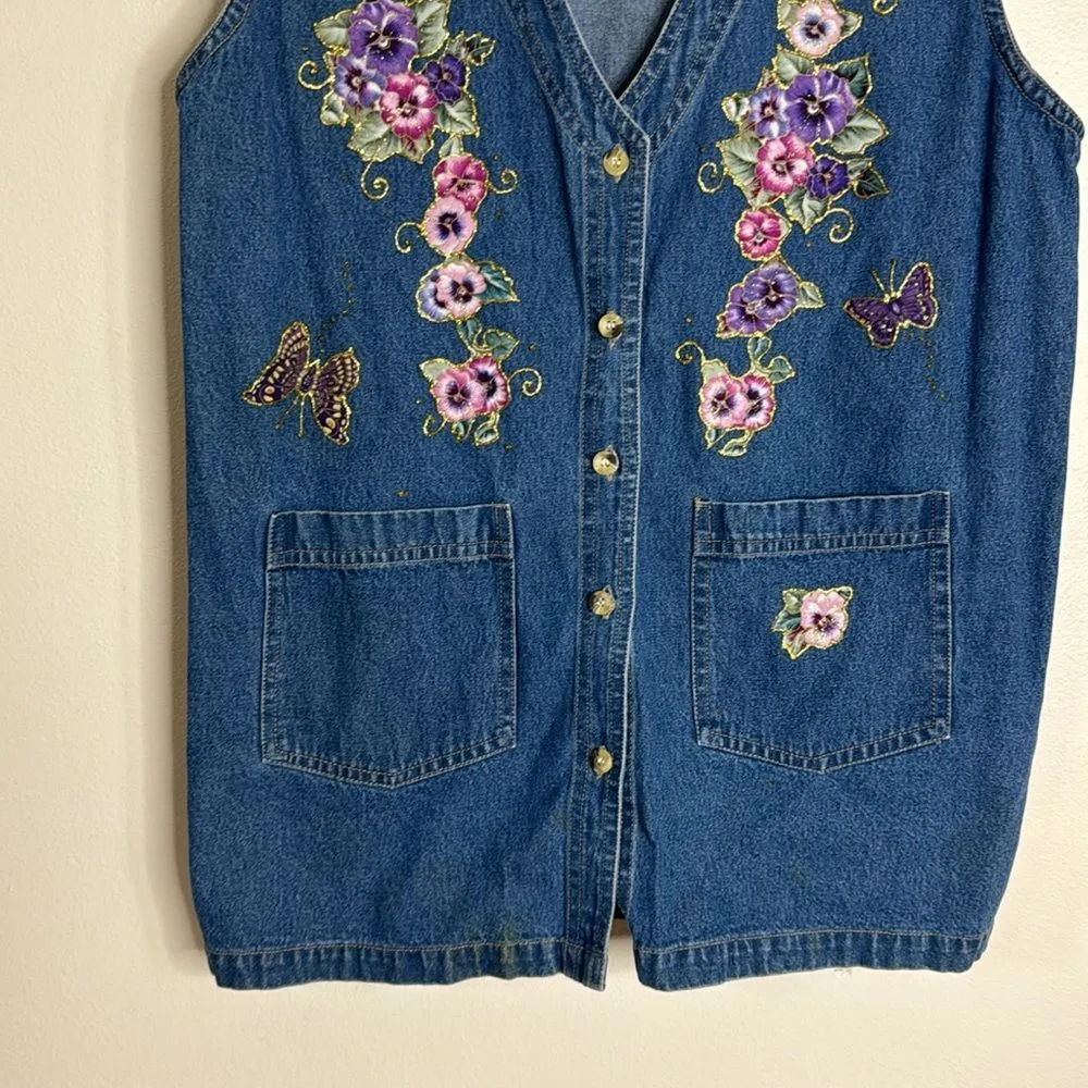 Vtg haiks embroidered floral butterflies button up denim vest long size small Blue - Image 3