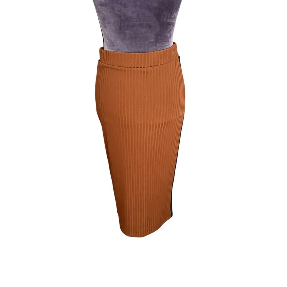 MNG Ribbed Knit Pencil Skirt with Side Stripe Business Casual Brown Size S - Image 3