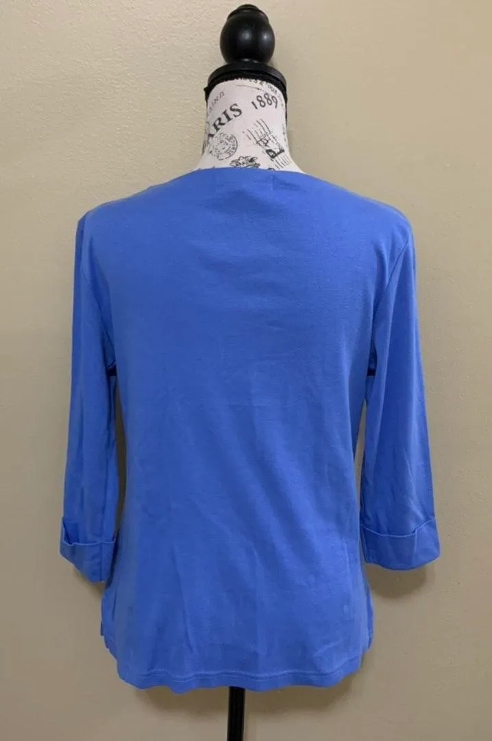 Petites Blue Boatneck 3/4” Sleeve Cotton Top - Image 3
