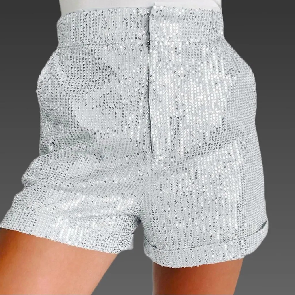 NWT Silver Sequin Women's High Rise Shorts - Image 2