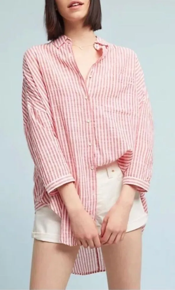 Anthropologie Holding Horse Oversize Button Down Blouse Red White Stripes M/L - Image 1