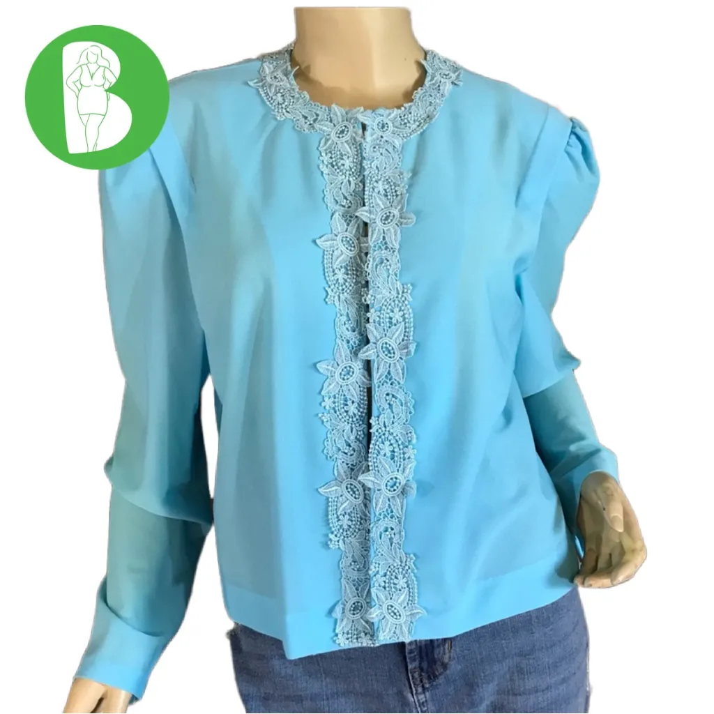 VINTAGE 1980'S BOSTON MAID BLUE KNIT CARDIGAN TOP WITH LACE EMBROIDERY (12) - Image 2