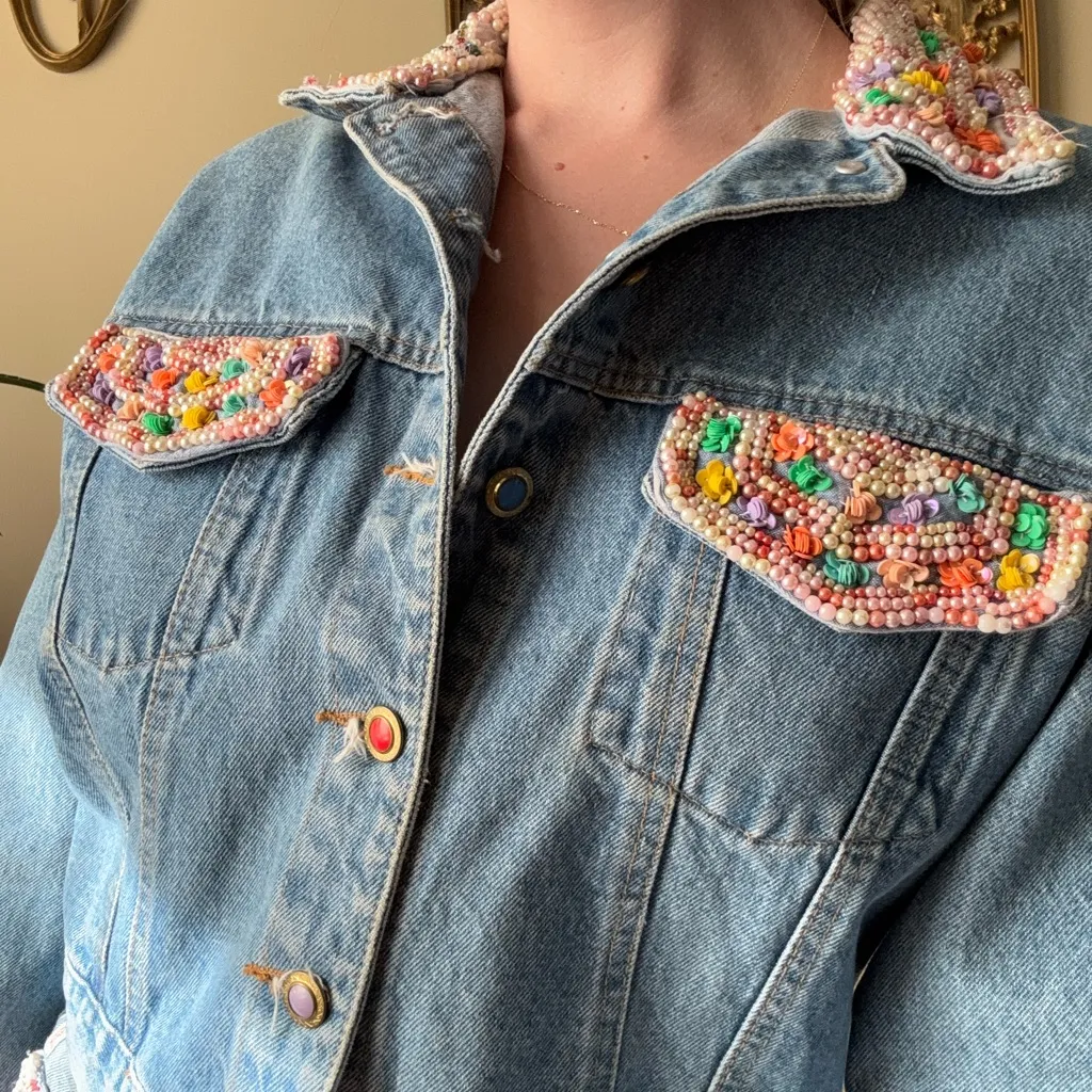 JouJou Vintage Beaded Denim Jacket and Mini Skirt Set Blue - Image 15