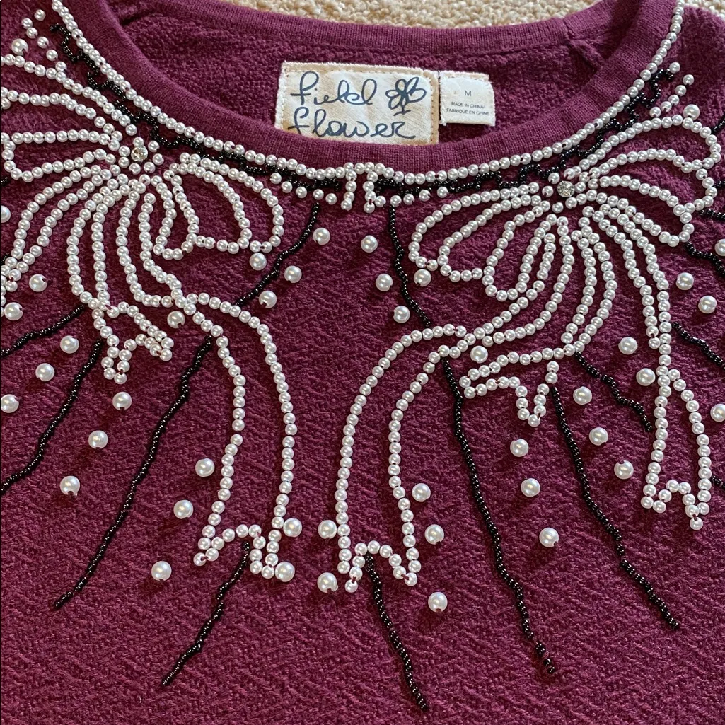 Anthropologie Field Flower Beaded Detail  Textured Cotton Sweater Crew Wine M - Image 9