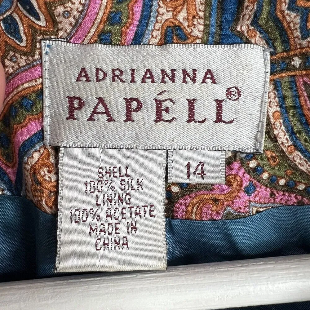 Adrianna Papell Size 14 Jacket Topper 100% Silk Button Front Teal Blue Paisley - Image 6