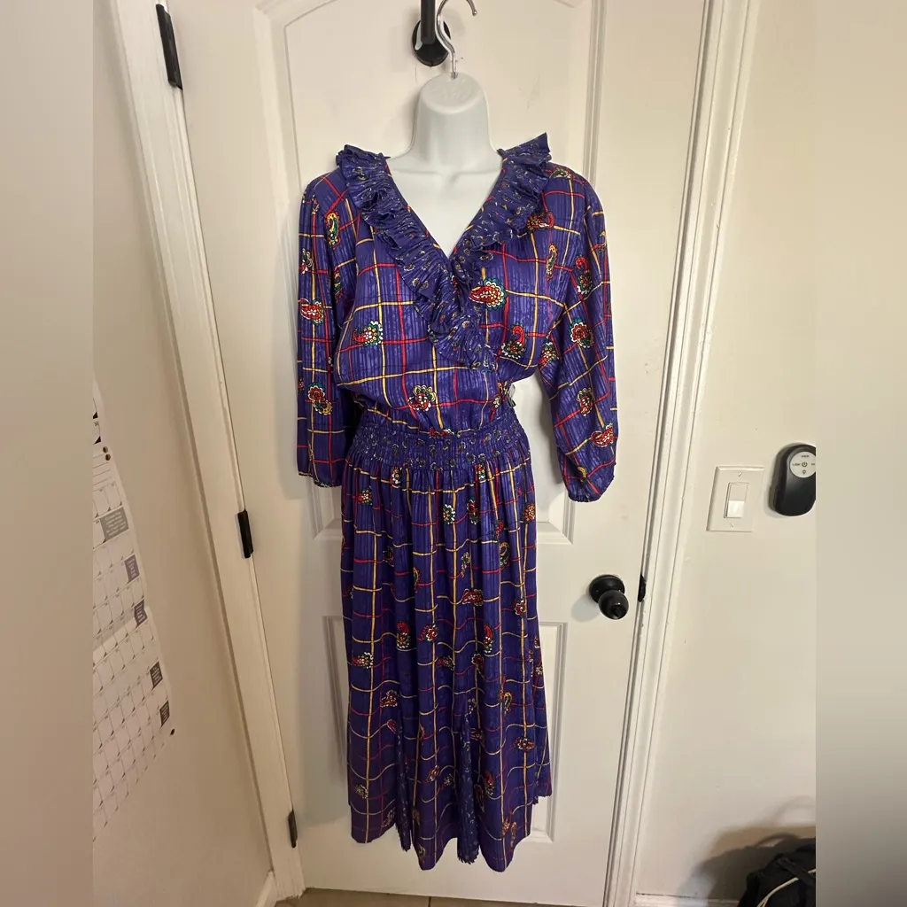 Vtg 80s Jaymee Papell midi dress smocked paisley 3/4 bishop sleeve ruffle granny Purple Size M - Image 2