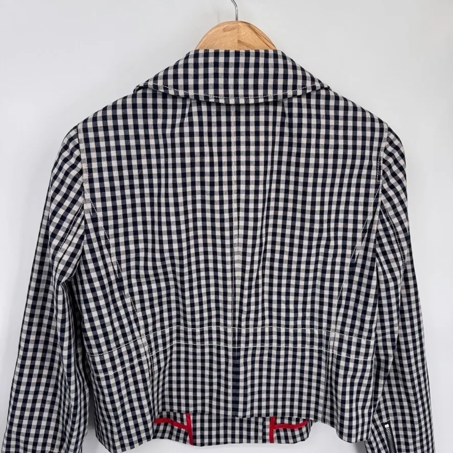 J. Crew Preppy Moto Jacket Womens 10 Blue White Gingham Plaid Cotton Linen NWOT - Image 7
