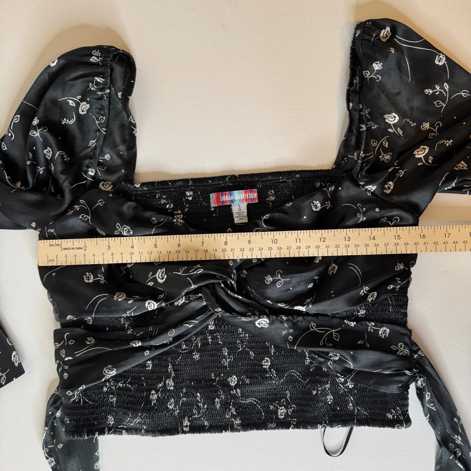 Urban Outfitters Smocked Tie Back Top‎ Sz L Black Floral Long Sleeve Whimsigoth - Image 10