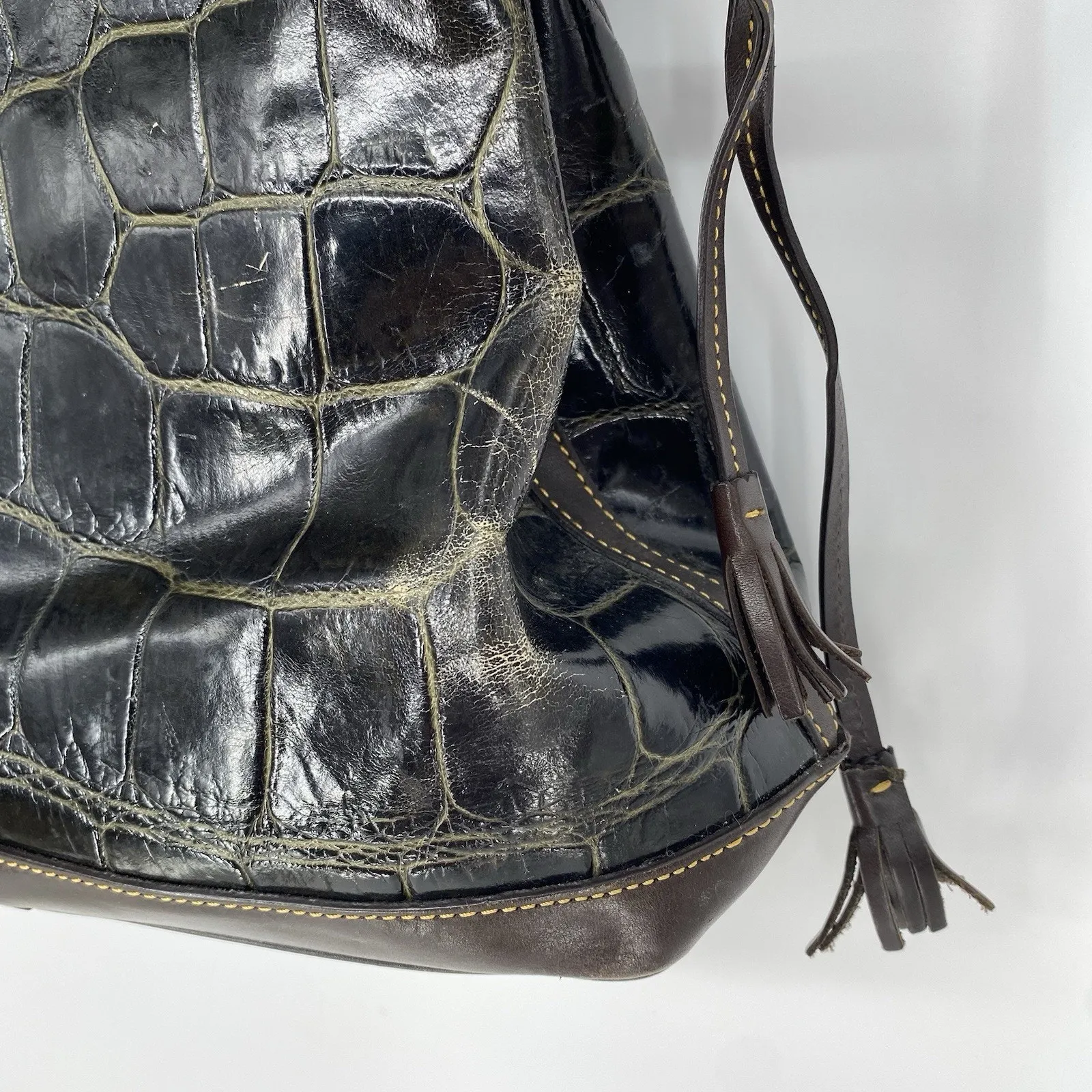 Dooney And Bourke Croco Embossed Leather Double Strap Tassel Bag Purse - Image 7