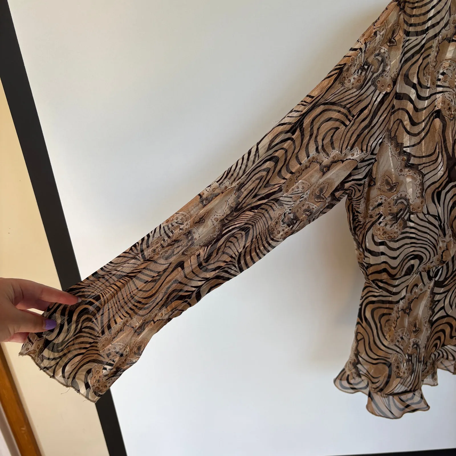 Y2K Hippie Neutral Sheer Blouse Whimsygoth Party Fall Psychedelic Ruffle Medium - Image 4