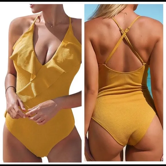 CUPSHE NWT Gold Mustard one piece solid swimsuit bathing suit Ruffled Size Small - Image 2