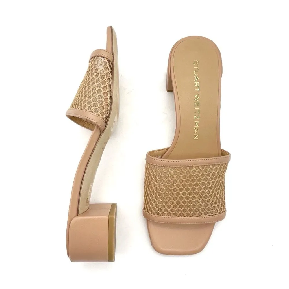 Stuart Weitzman Cayman Mesh Leather Block-Heel Mules Sand Beige Size 5.5 Sandals - Image 4