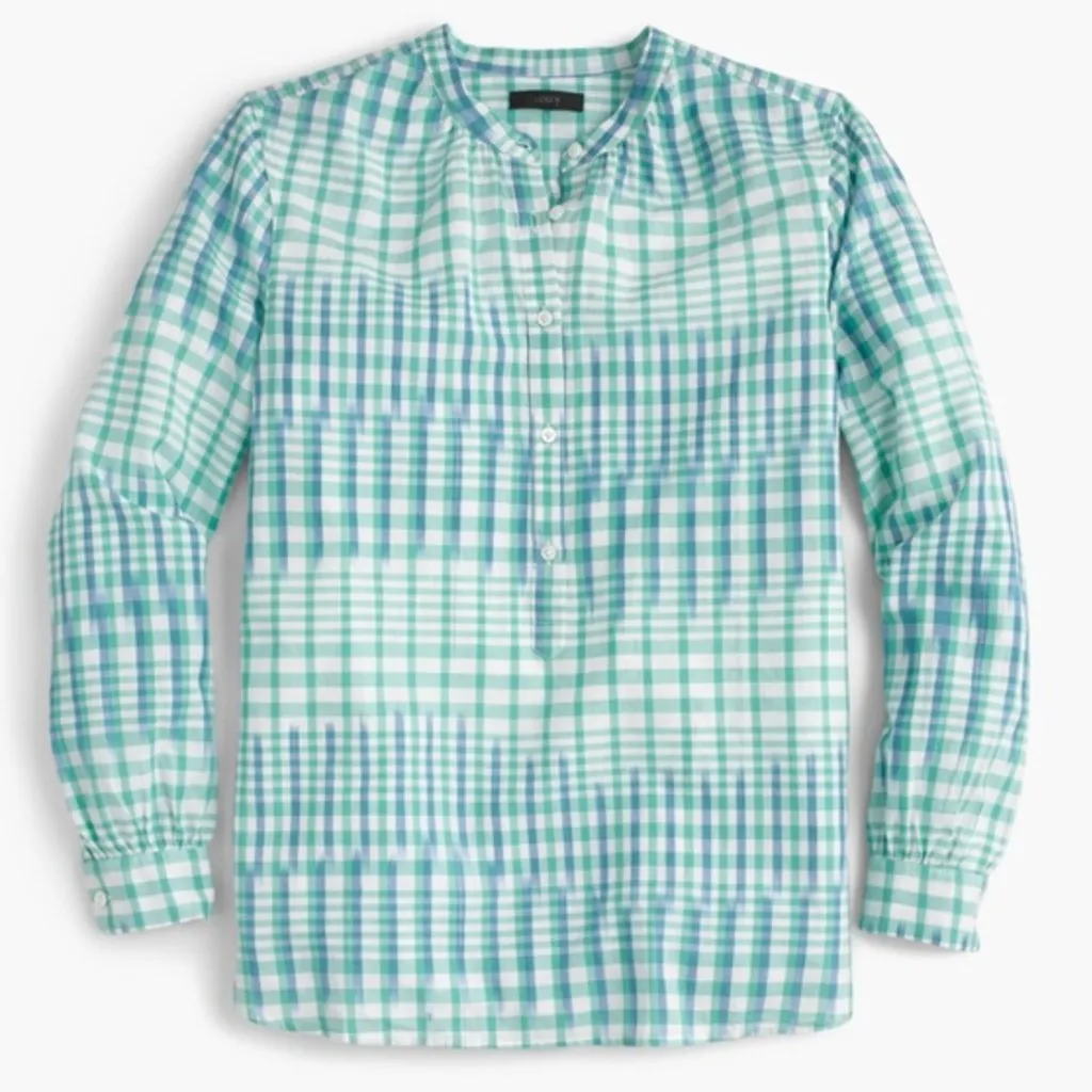 J. CREW Gingham Ikat Popover Shirt Green White Blue Long Sleeve Cotton Preppy 4 - Image 4