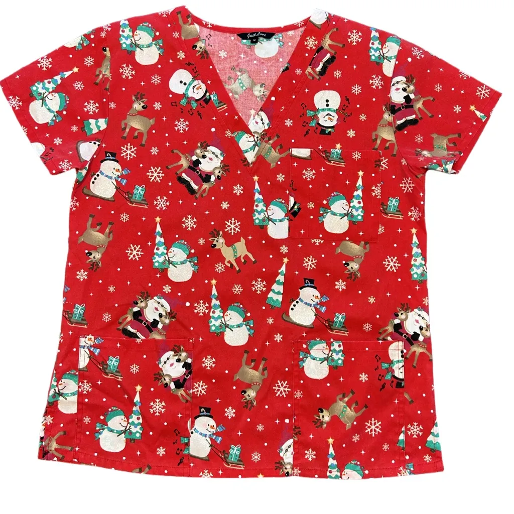 Vintage Y2K 90s whimsical snowmen and Santa red two pocket Xmas scrub top MD Size M - Image 3