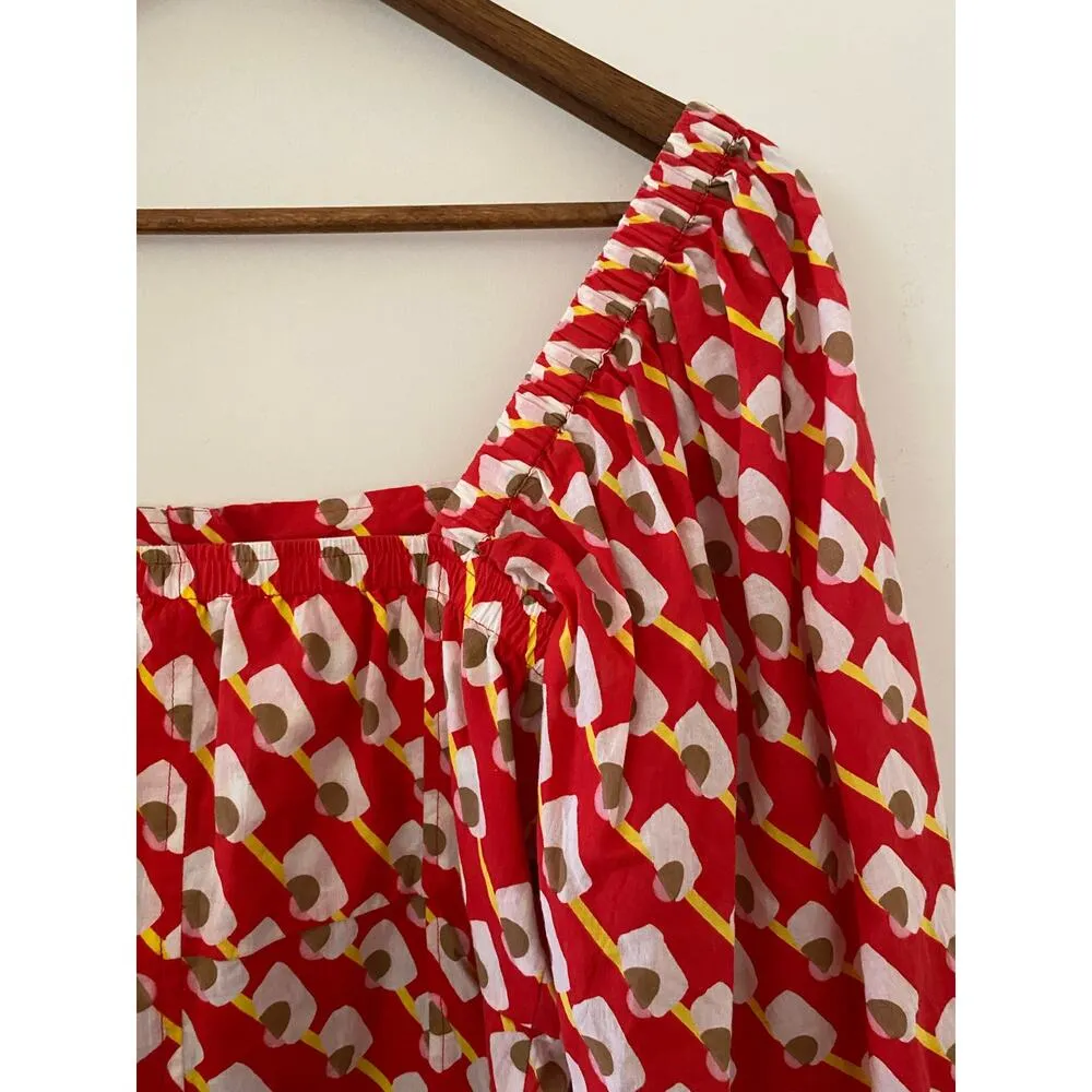 Ro’s Garden Tuckernuck Red White Yellow Square Neck Puff Sleeve Top Button S EUC - Image 11