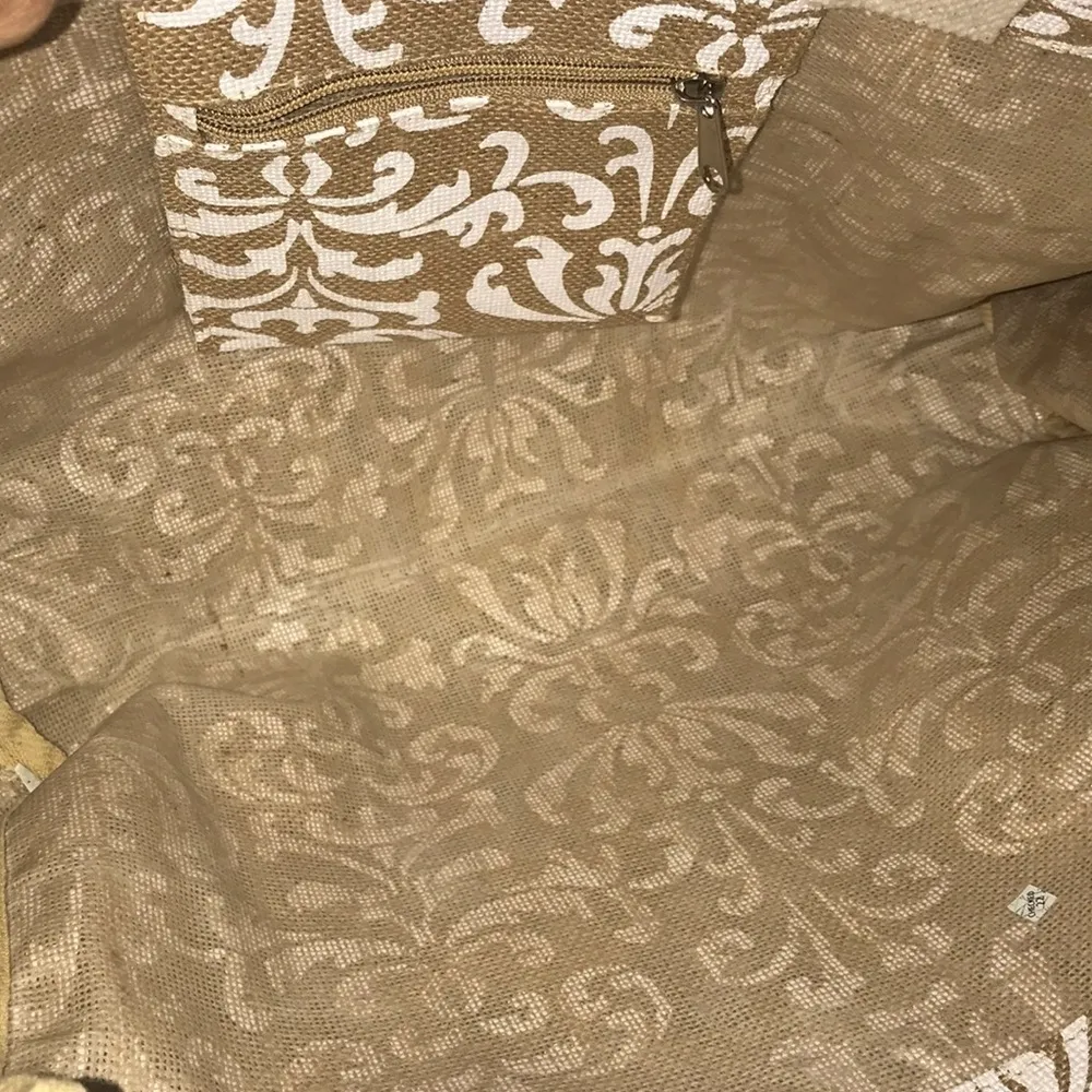 Boutique burlap damask print tote bag summer beach Tan - Image 6