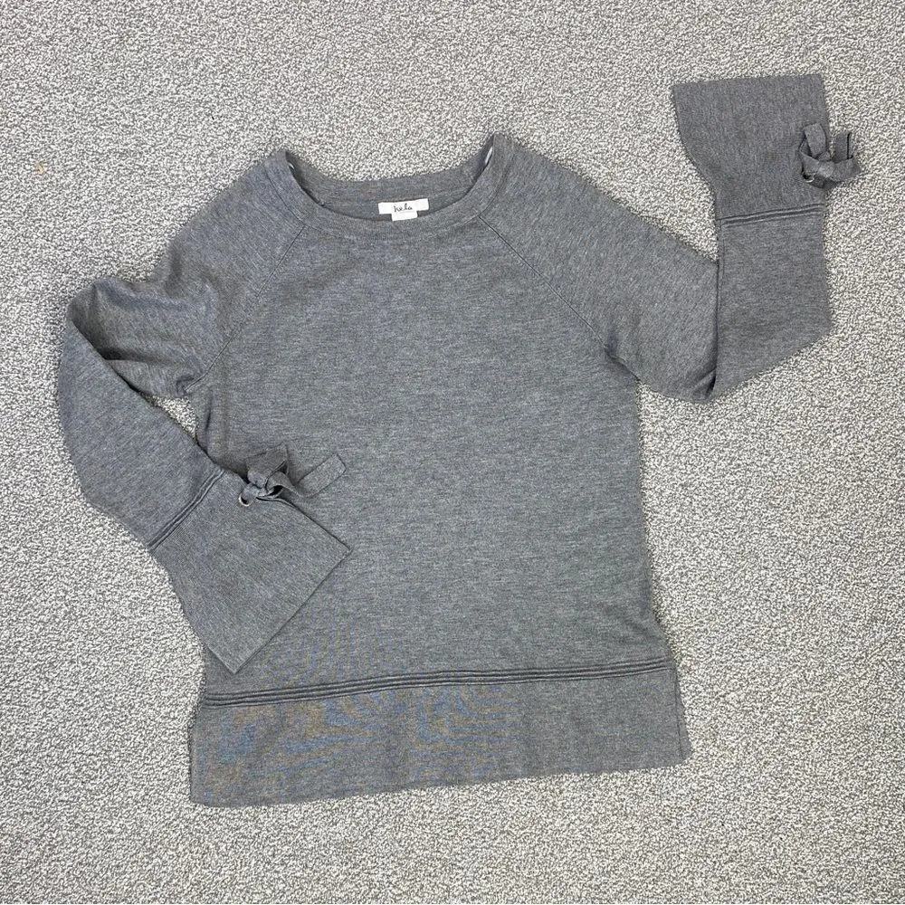 Isela Grey Sweater Split Bell Tie Cuff Tiered Hem Pullover Small Gray - Image 11