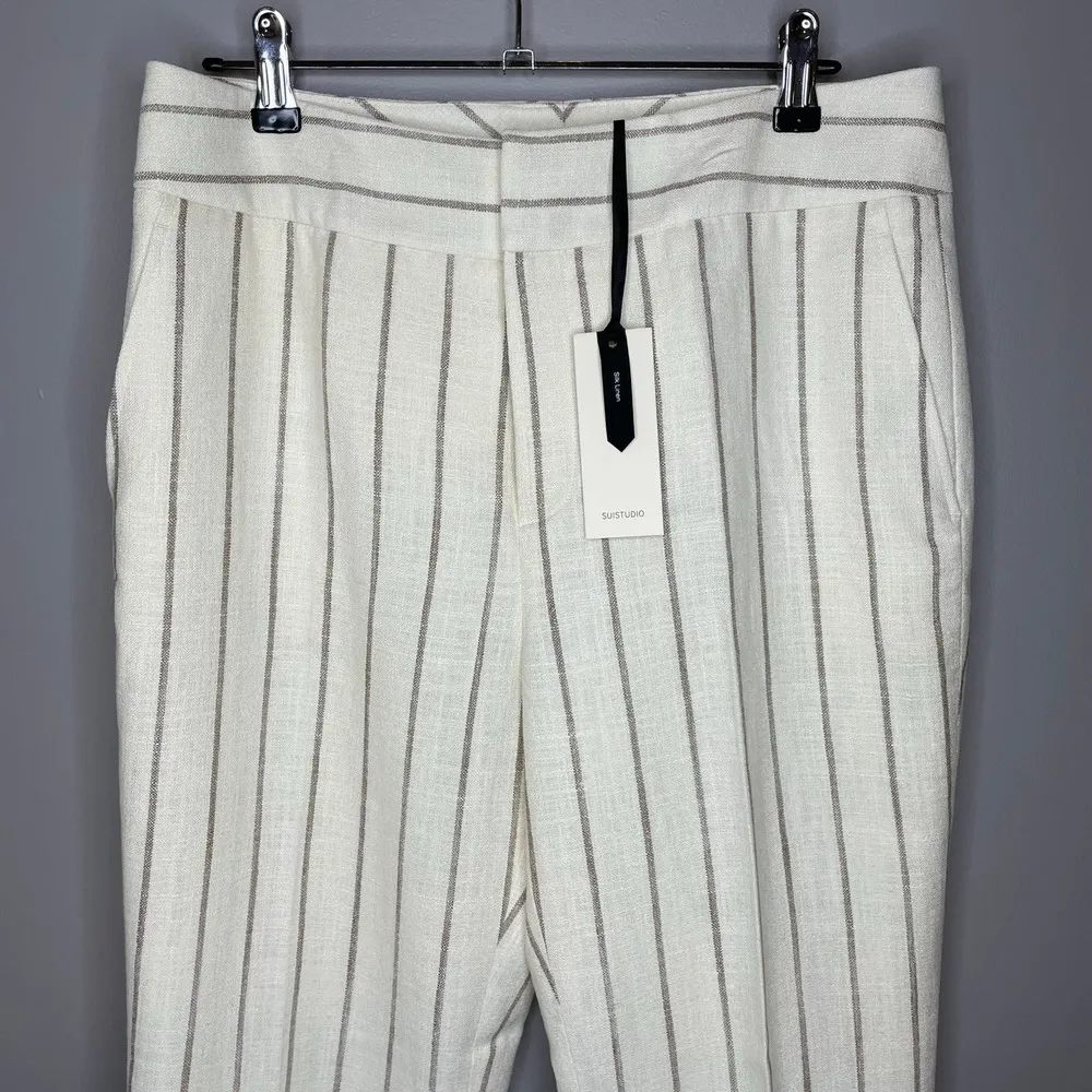 NWT Suistudio Silk Linen Off White Sand Stripe Lane Classic Trouser Pants Size 0 - Image 3