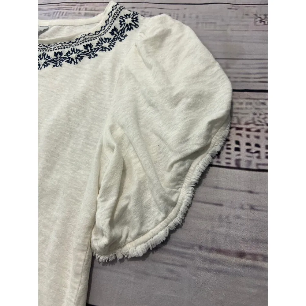 Chicos 2 Linen Blend Embroidered Tee Shirt Womens L Fringe Hem Sleeves White - Image 3