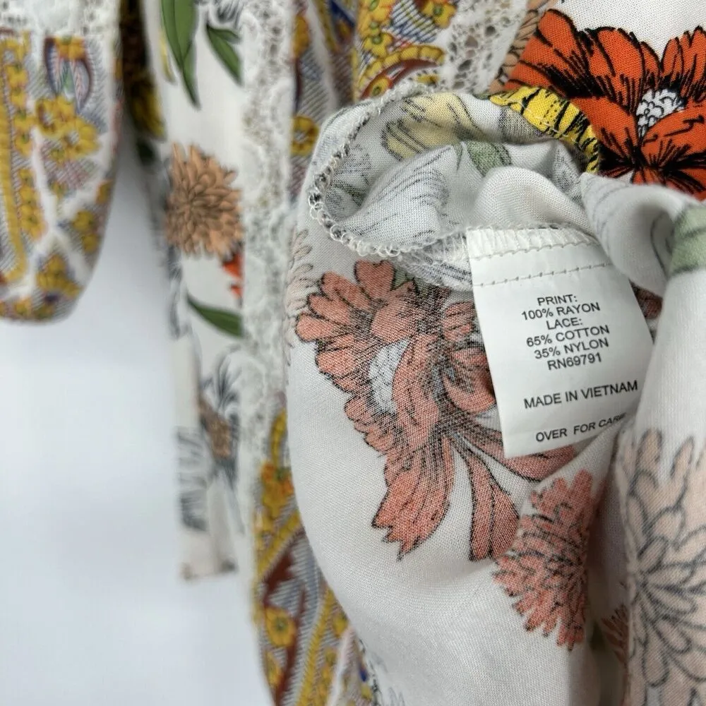 Fig & Flower Boho Peasant Top White Lace Long Slit Balloon Sleeves Yellow Size M Size M - Image 10