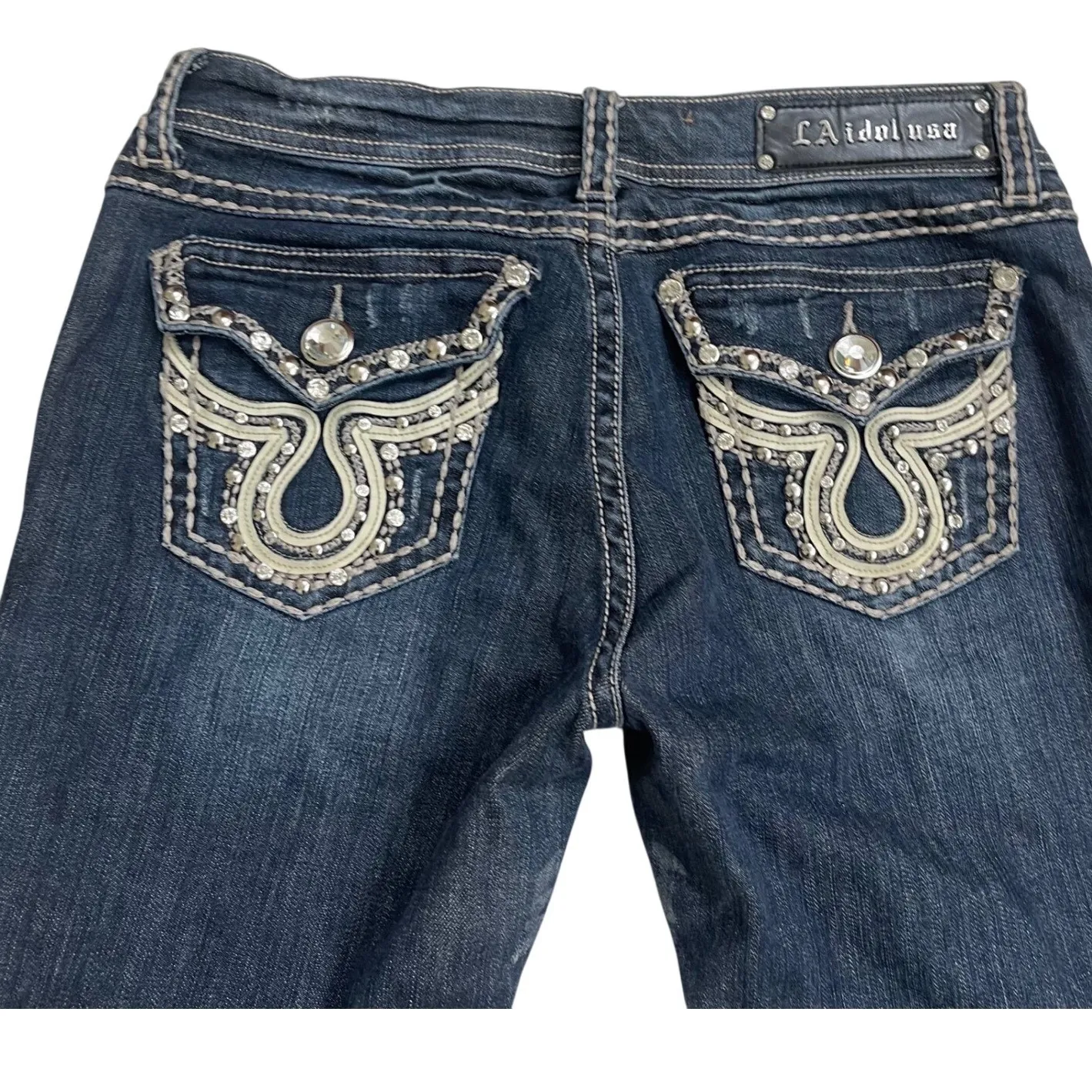 LA Idol USA Womens Embellished Bootcut Jeans Dark Wash Size 9/31 EUC bling boot Blue - Image 2