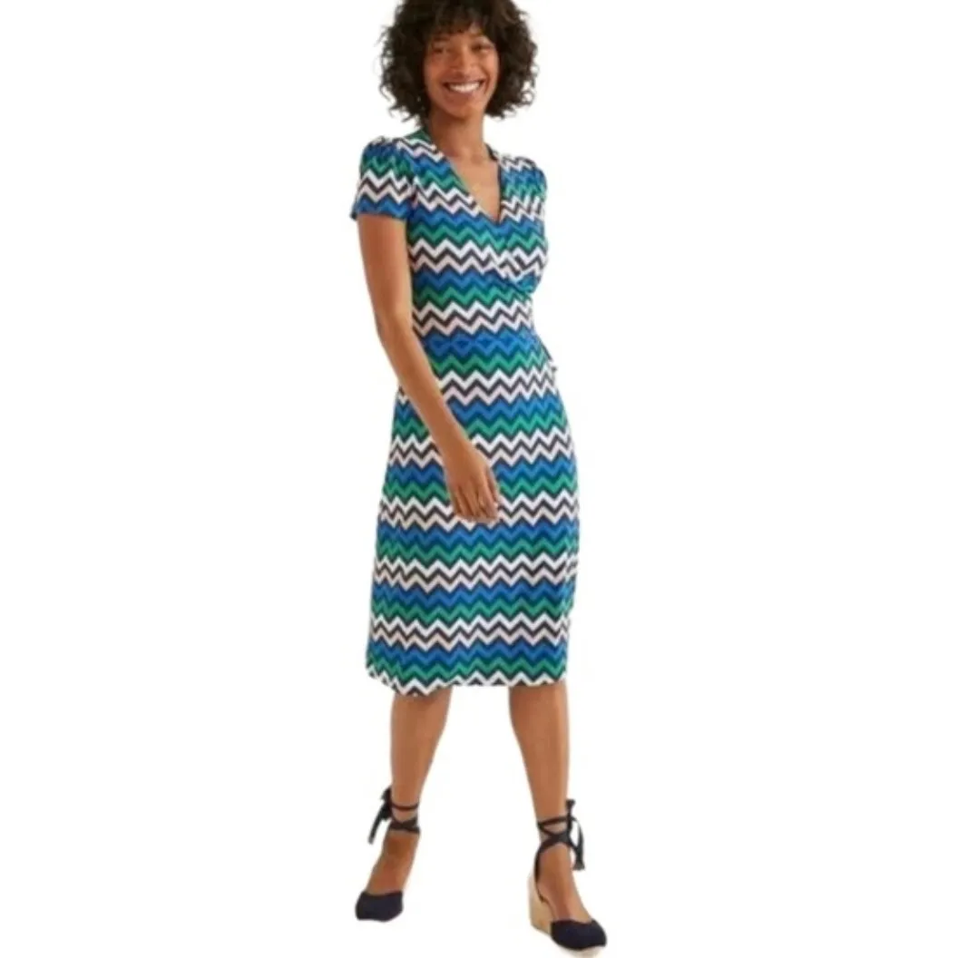 BODEN Women's Wrap Dress Size UK 8 US 4 Navy Blue Green Chevron Jersey Knee - Image 2