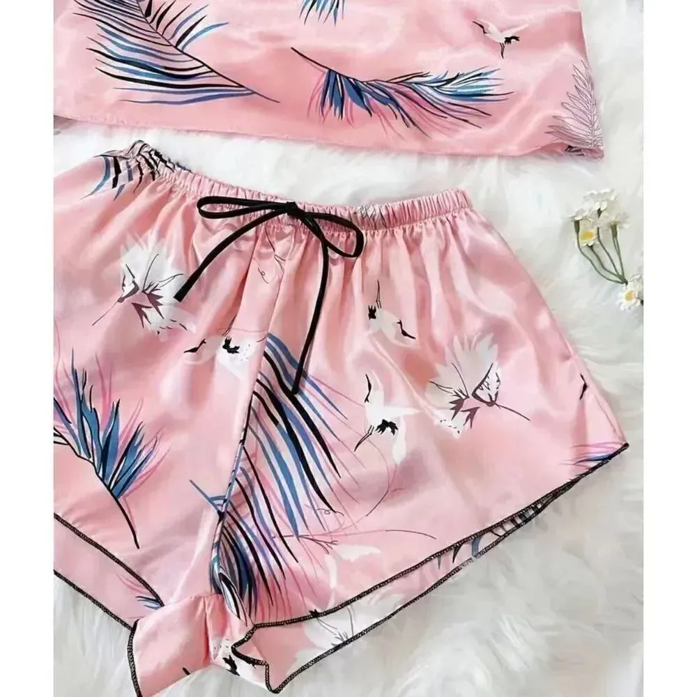 Bohemian Retro Plant Print Pajama Set, V Neck Cami Top & Short SZ L # 1636 Pink Size L - Image 4