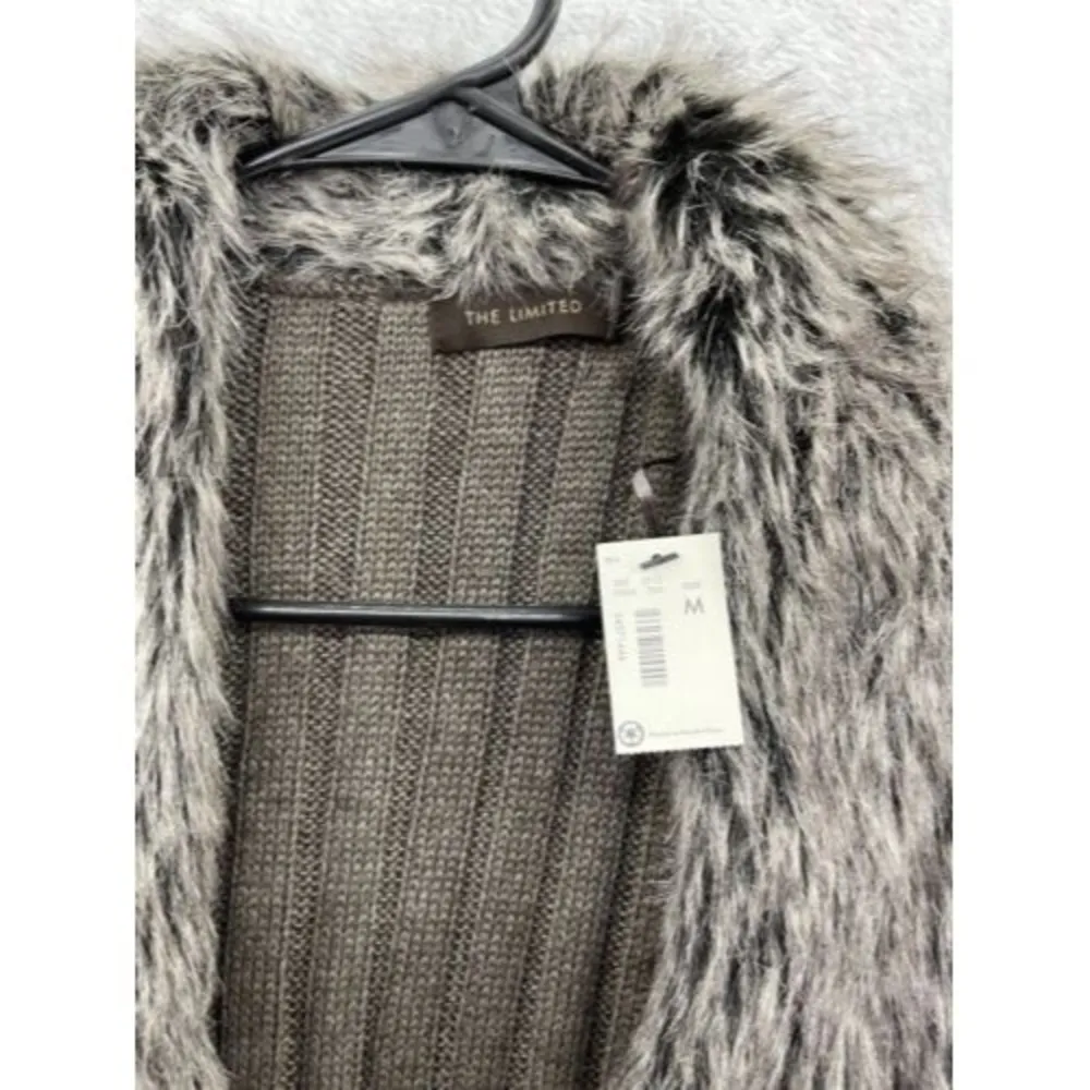 The Limited Women's Open Front Cardigan Faux Fur Collar Medium Wool Blend Taupe - Image 9