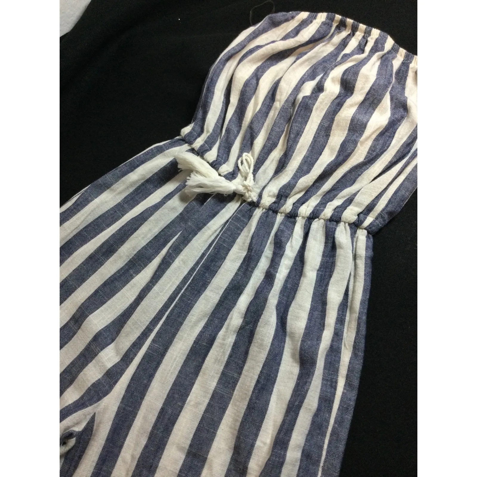 Striped Jumpsuit Strapless Wide LegDrawstring Waist Beach Casual Summer Romper S Blue - Image 4