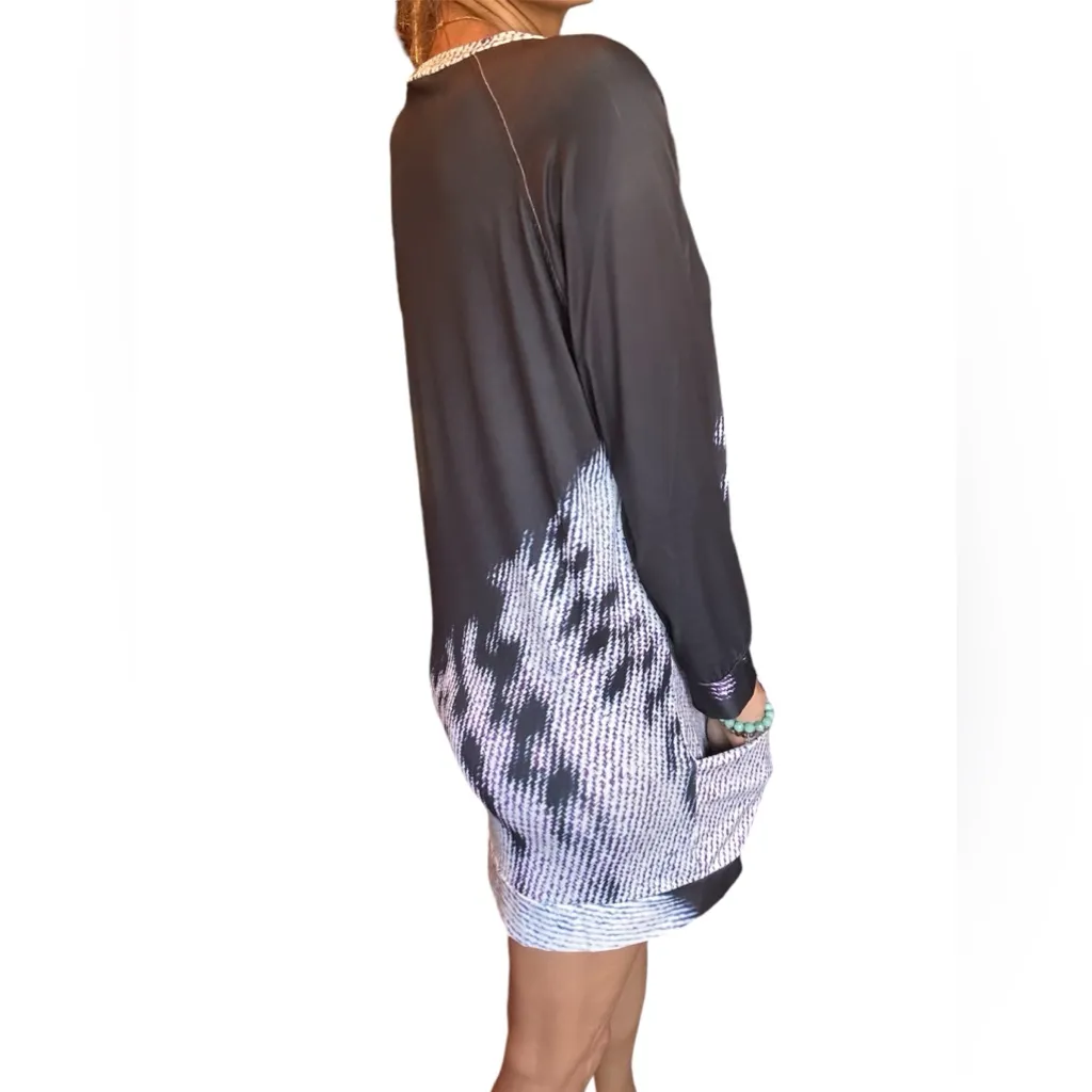 Black White Abstract Print Long Sleeve Casual Tunic Dress Pockets Size M - Image 4