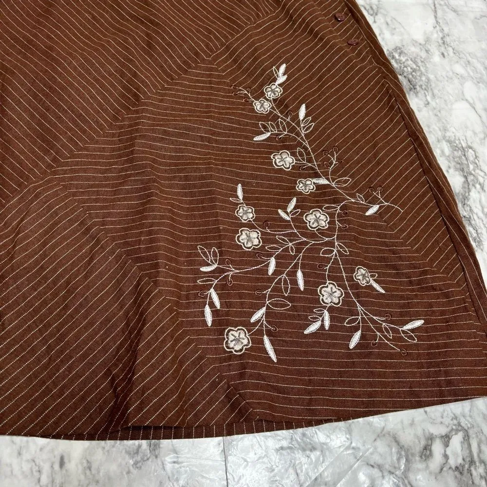 Y2K 90s Sag Harbor linen blend Floral Embroidered pinstripe skirt brown 6P boho - Image 2