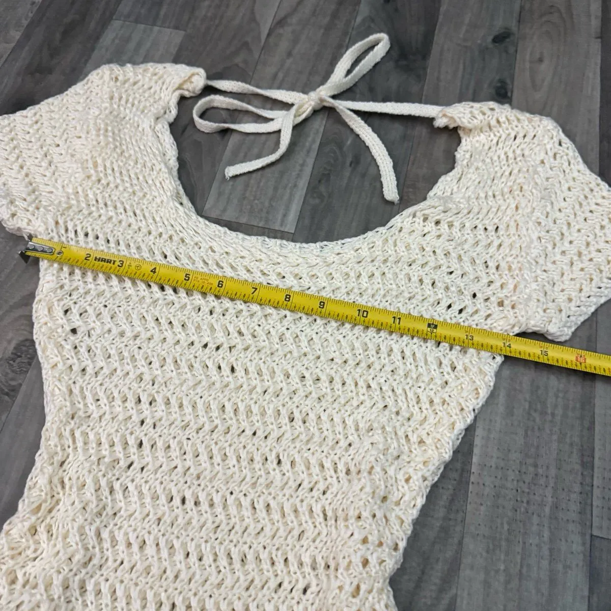 Beige cream crochet knit mini coverup dress - Image 3