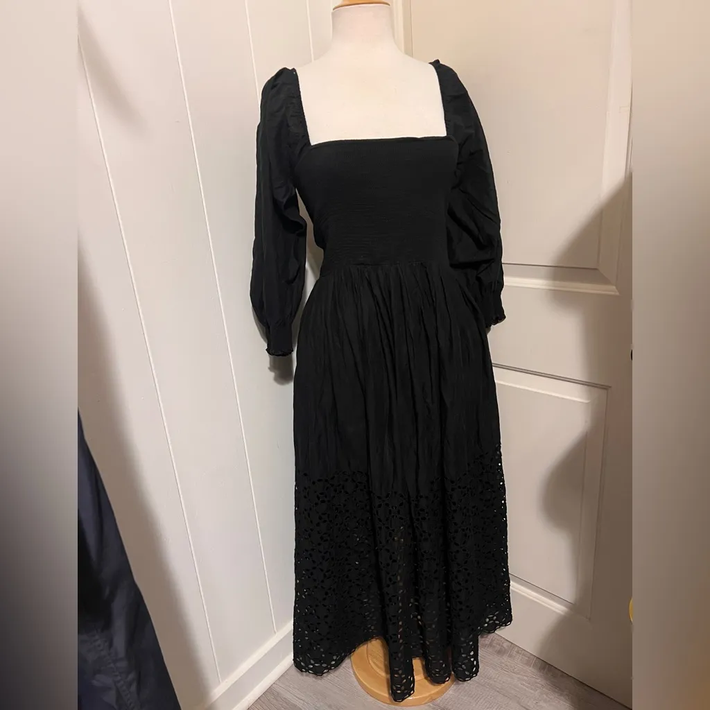 Free People Black Storm Dress Balloon Sleeve Eyelet Bohemian Witchy Wednesday - Image 4