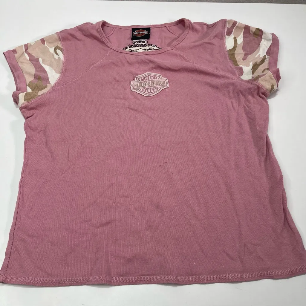 Harley Davidson Baby Pink Camo Sleeves Top Women M Boxy Shirt Y2K Grunge Biker - Image 2