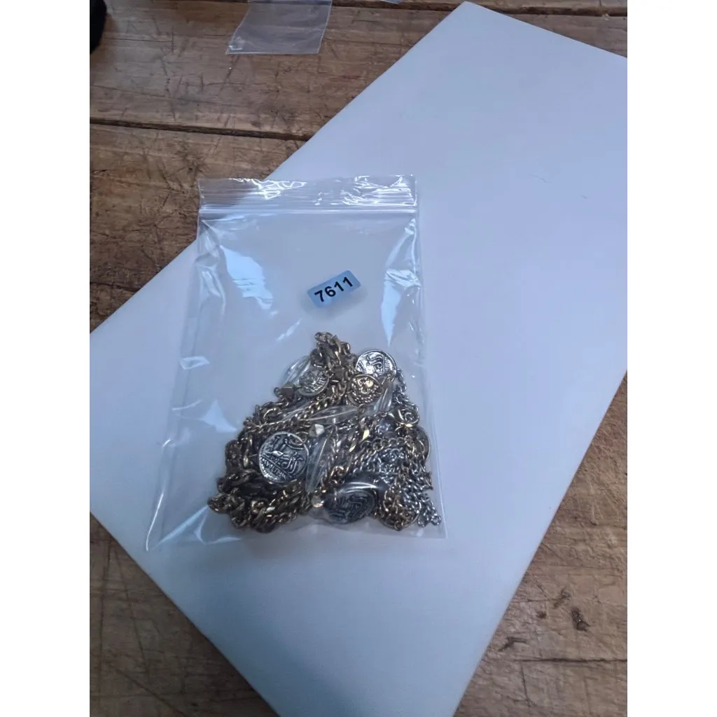 Vintage Gold & Silver Tone Coin Statement Necklace With Clear Beads & Chain Frin - Image 5